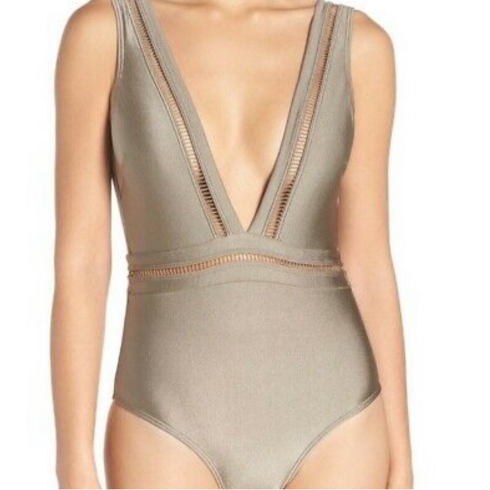 TED BAKER Starza Pointelle Deep V Swimsuit KhakI